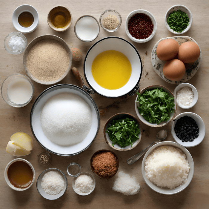 Labeled ingredients for coconut custard pie.