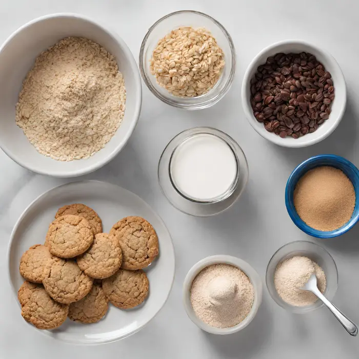 Ingredients for ranger cookies including oats, flour, sugars, eggs, butter, and chocolate chips on a countertop.