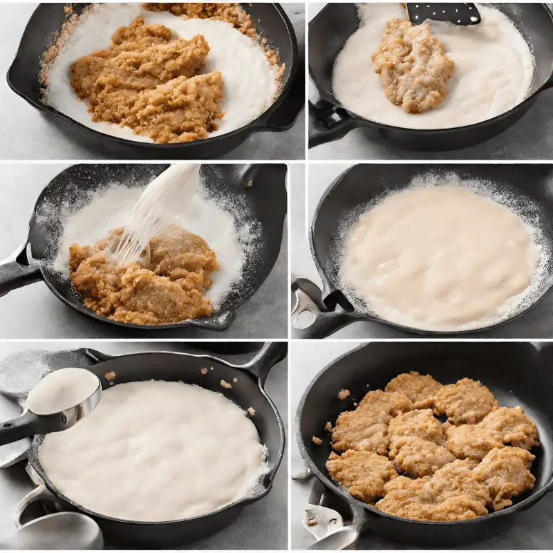 Step-by-step preparation of chicken fried steak, showing tenderizing, battering, and frying.