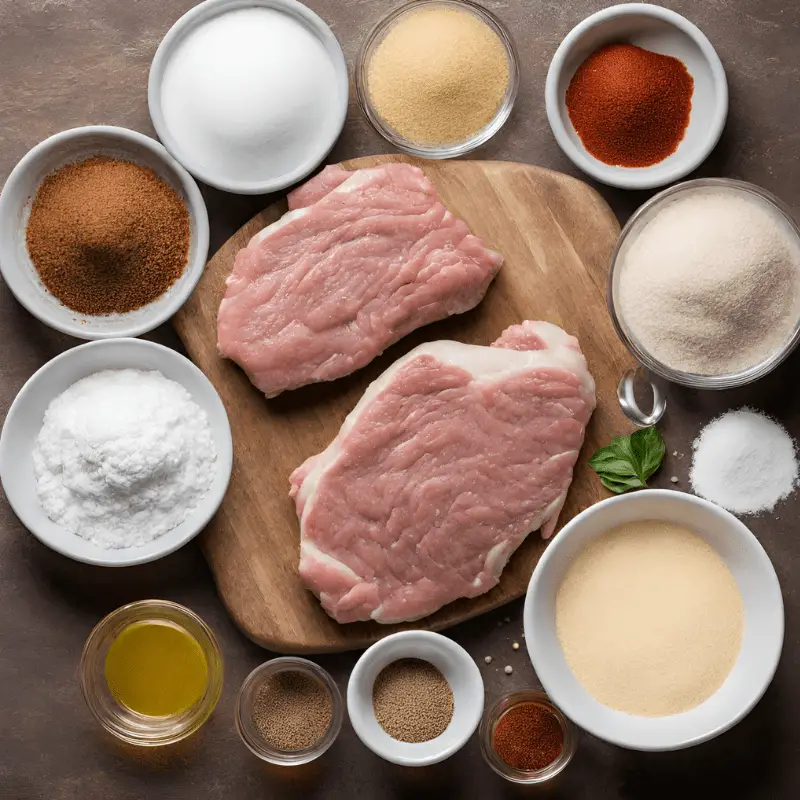 Close-up of chicken fried steak ingredients including cube steak, flour, buttermilk, and seasonings.