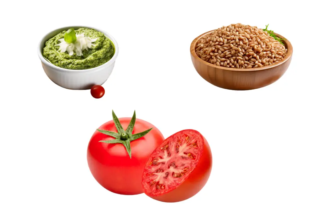 Ingredients and Substitutions for farro with blistered tomatoes and pesto