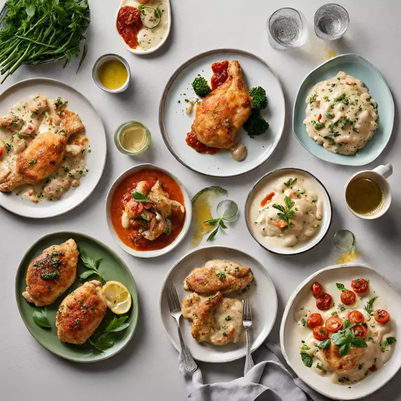 Plated dishes from the article's thin sliced chicken breast recipes, including Italian cutlets and creamy garlic chicken.