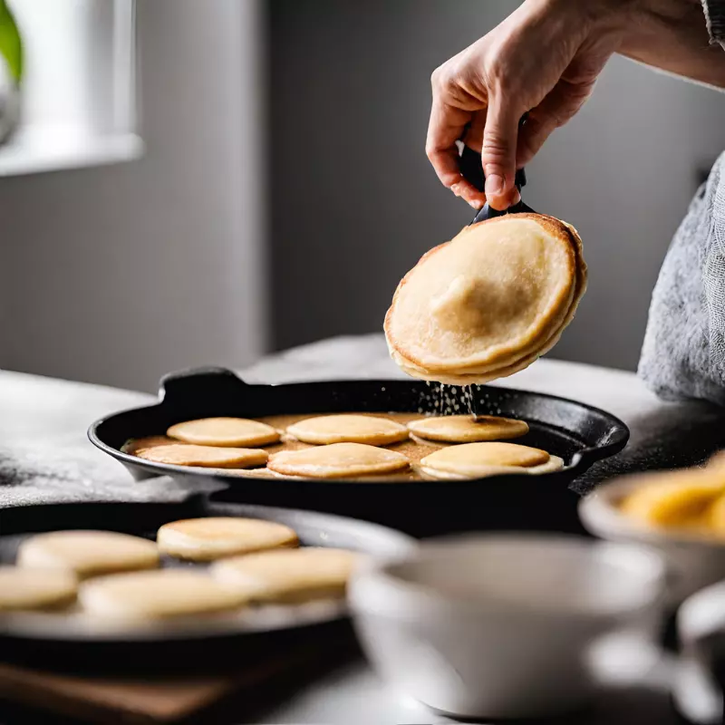 Chef demonstrating advanced batter pouring technique for pancakes.