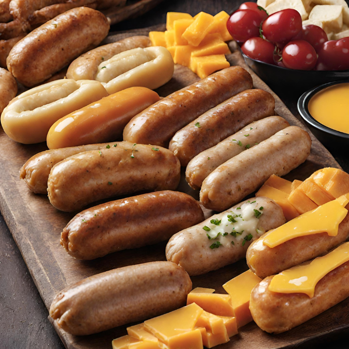 Various types of cheddar brats on a platter with labels.