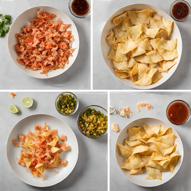 Step-by-step preparation collage of Crab Rangoon Nachos.