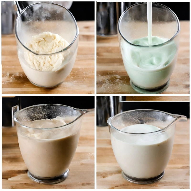 Collage of Bailey's Vanilla Mint Shake ingredients being blended together.