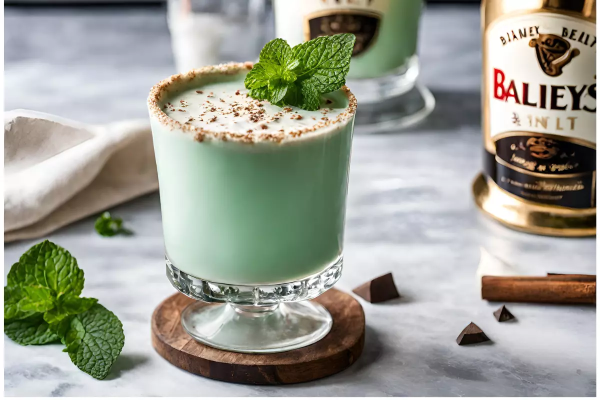 Baileys Mint bottle with fresh mint leaves in the background.