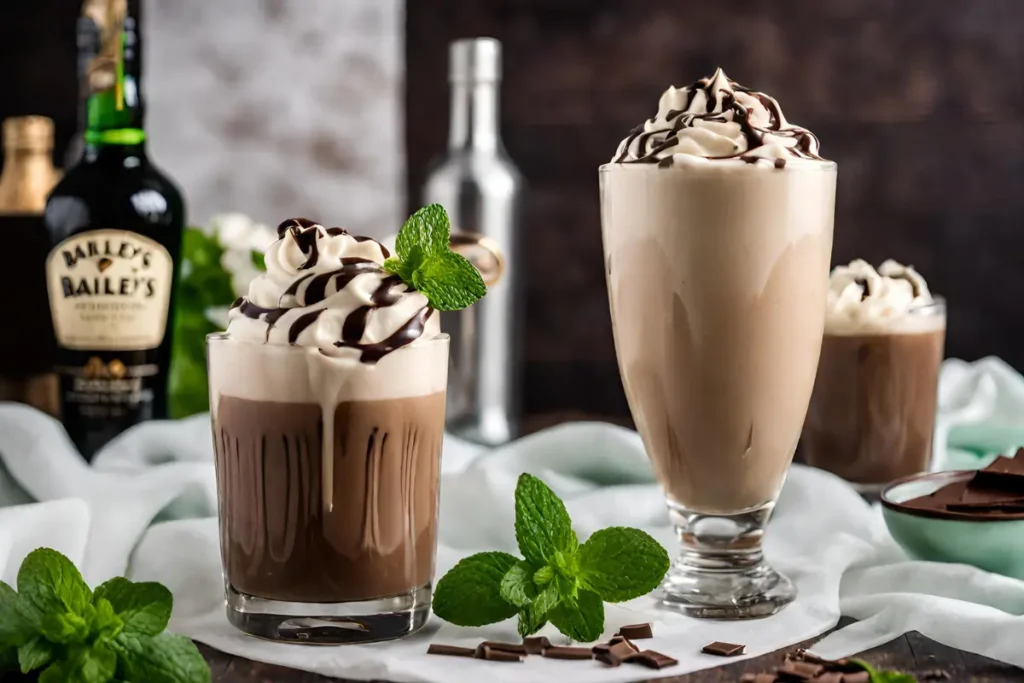 Glass of Bailey's Vanilla Mint Shake with mint garnish and blurred Bailey's bottles in the background.