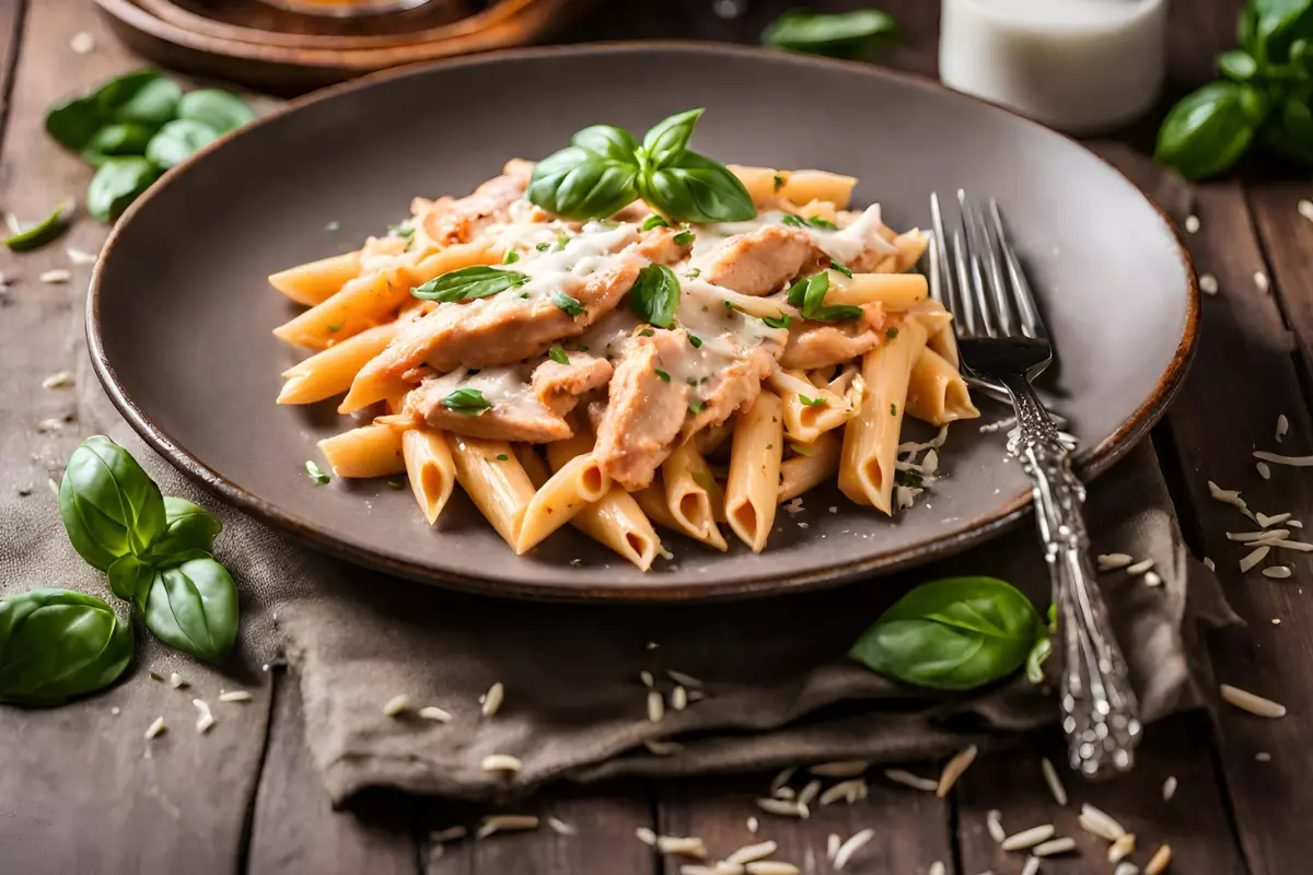 Chicken Alla Vodka on an elegant dining table with basil garnish and Parmesan.