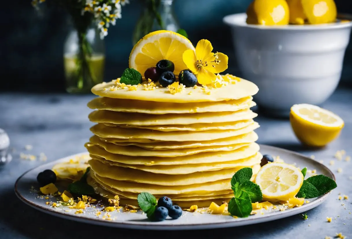 A lemon crepe cake with delicate layers, garnished with lemon slices and edible flowers on a serving plate.