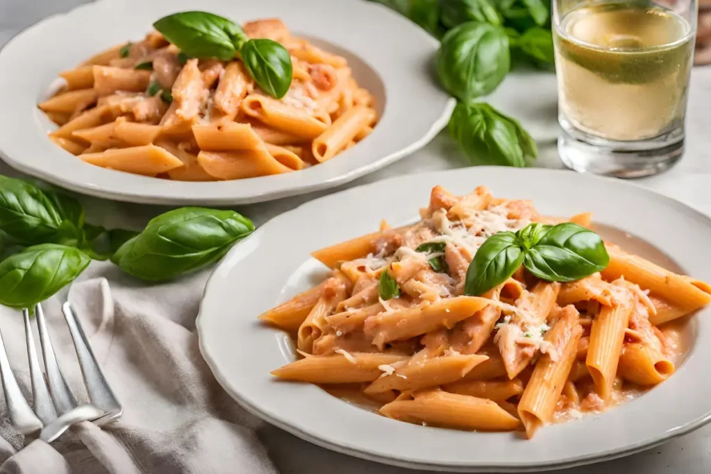 Plated Penne alla Vodka with Chicken garnished with basil and Parmesan on an elegant table.