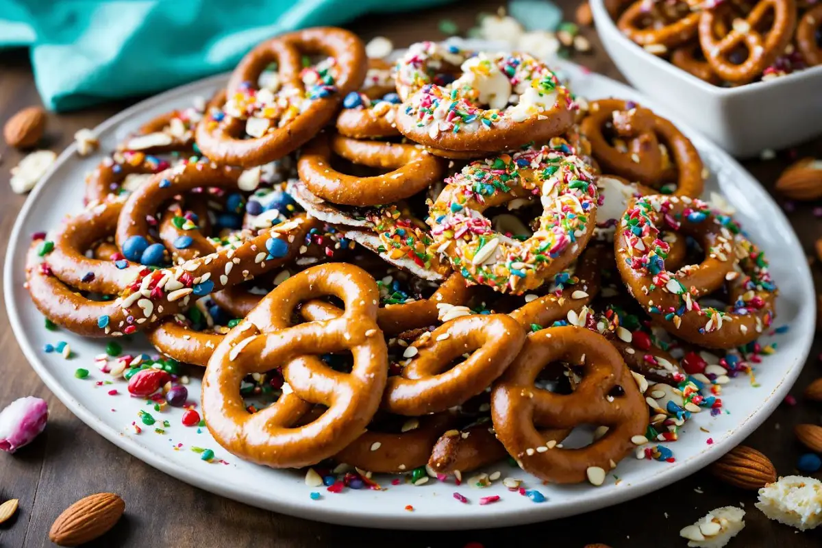 Platter of almond bark pretzels with colorful toppings in a festive setting.