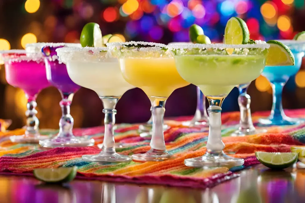 Colorful margaritas in assorted flavors arranged festively at a party.