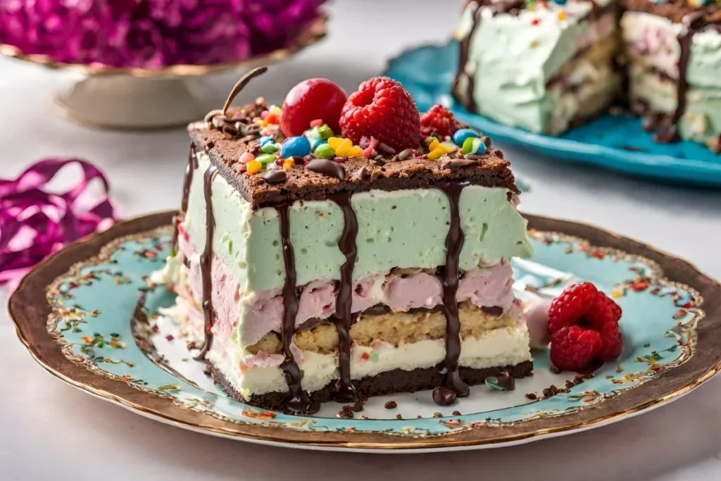 Ice cream sandwich cake on a decorative plate with a festive party background.