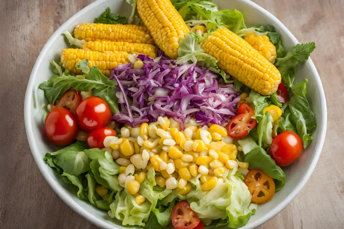 Bowl of Golden Girl Salad with Sweet Corn Vinaigrette, featuring fresh corn, green cabbage, and cherry tomatoes.