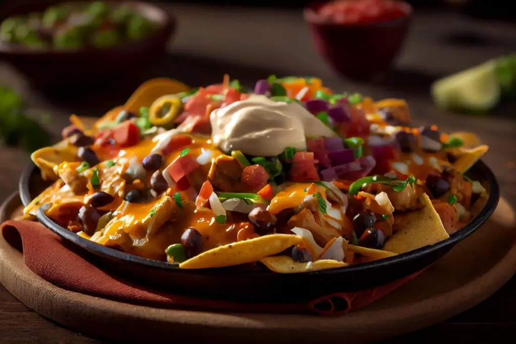 Platter of Crab Rangoon Nachos with colorful toppings on a fusion-themed background.