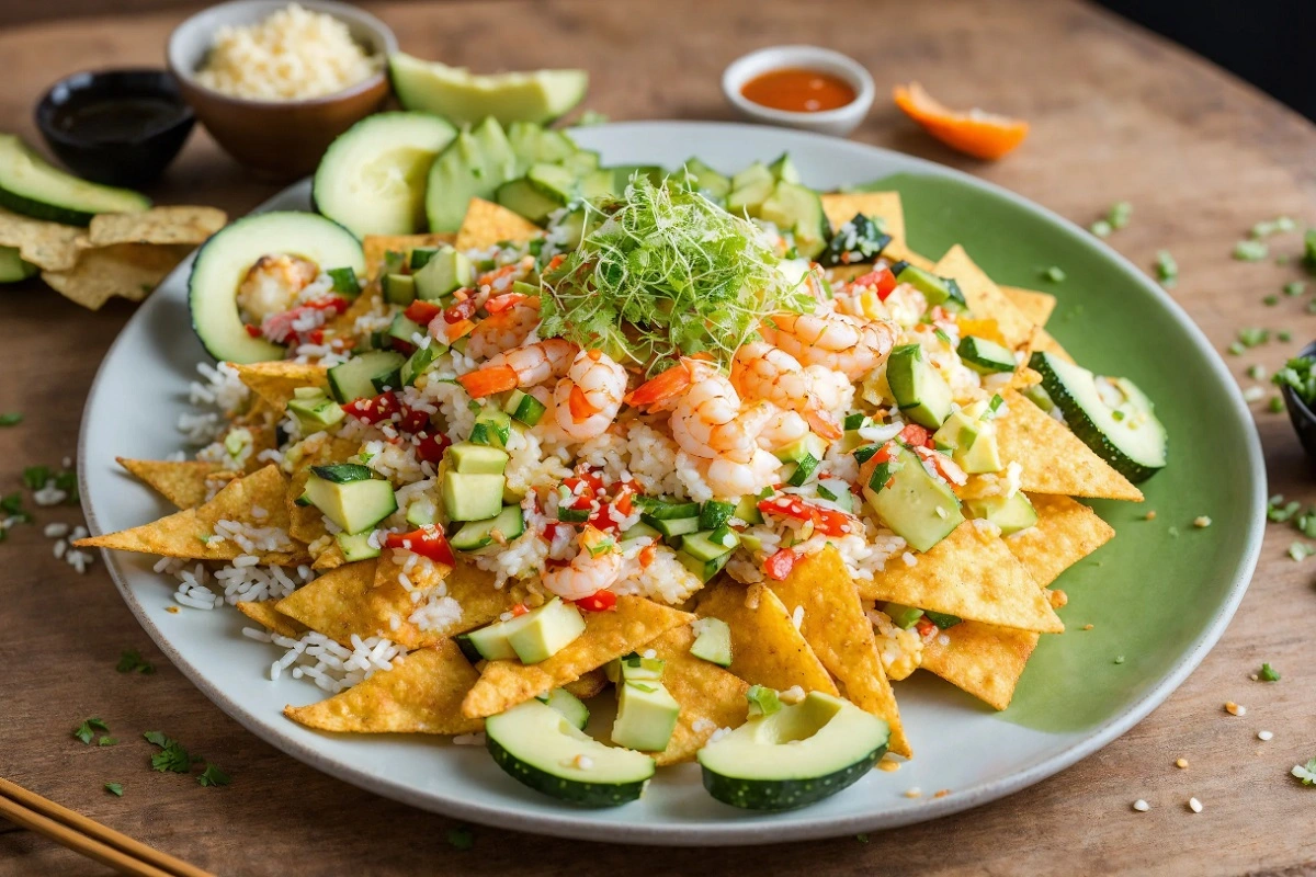 Platter of colorful sushi nachos combining Japanese and Mexican cuisines.