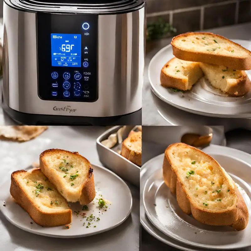 Garlic bread slices cooking inside an air fryer, focusing on the appliance's settings.