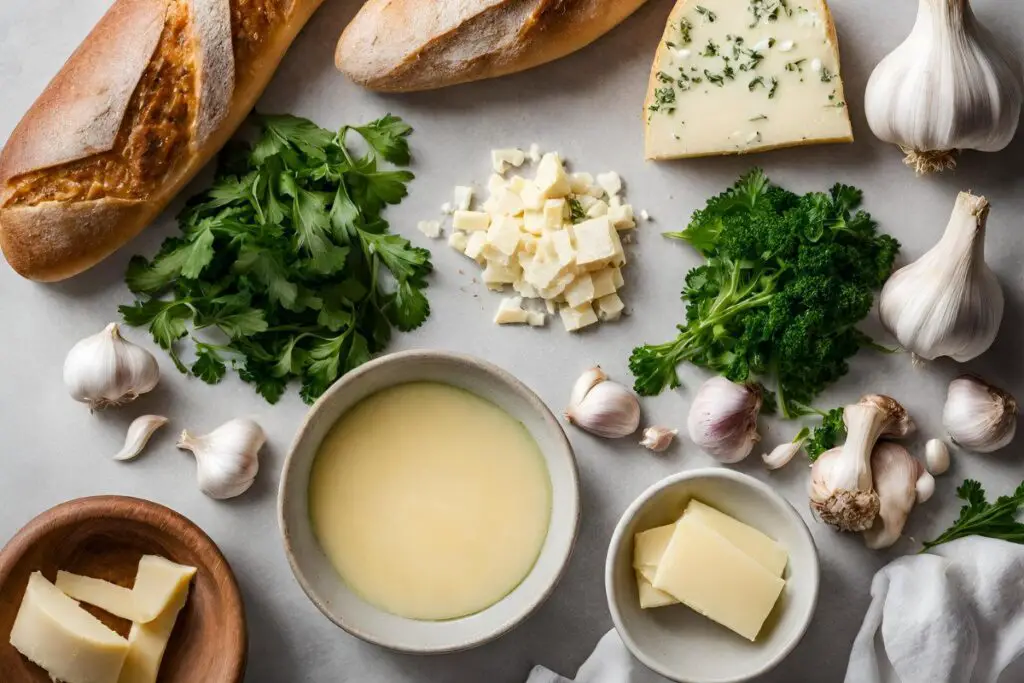 Ingredients for garlic bread preparation on a kitchen counter.