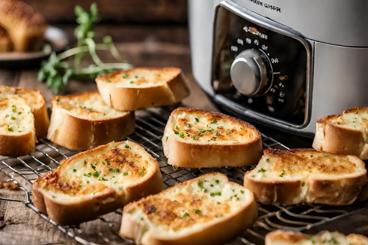 Crispy garlic bread with steam rising, fresh from the air fryer in a rustic kitchen setting.