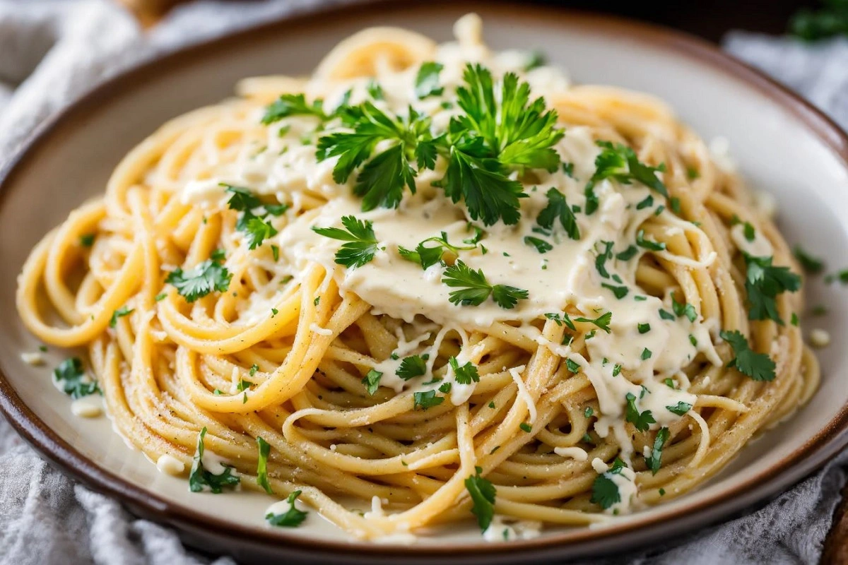 Rustic table setting with Brie Pasta, cheese wedge, white wine bottle, and glass