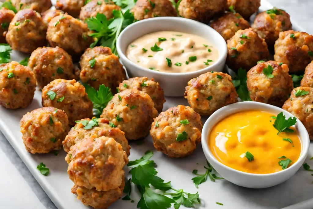 Platter of Cheddar Bay Sausage Balls with fresh herbs and dipping sauce