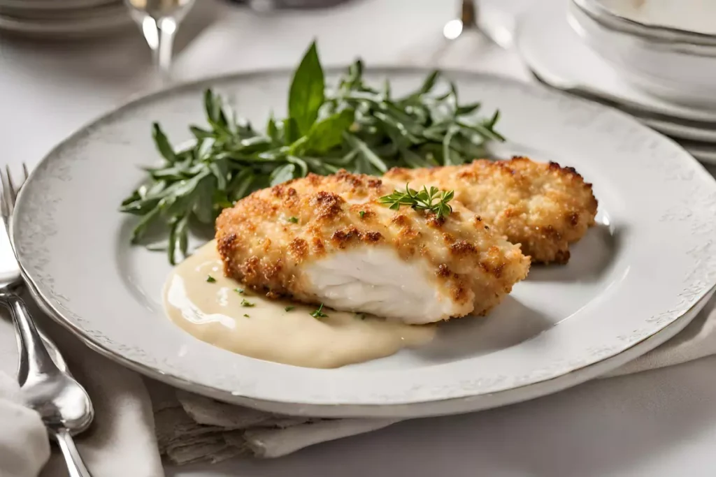 Elegant plated Parmesan Crusted Chicken with fresh herb garnish on a dining table.