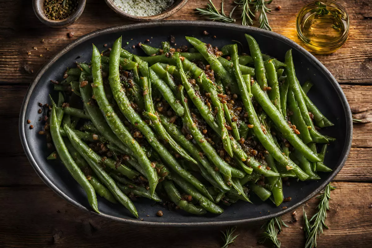 Roasted green beans with herbs on wooden table.