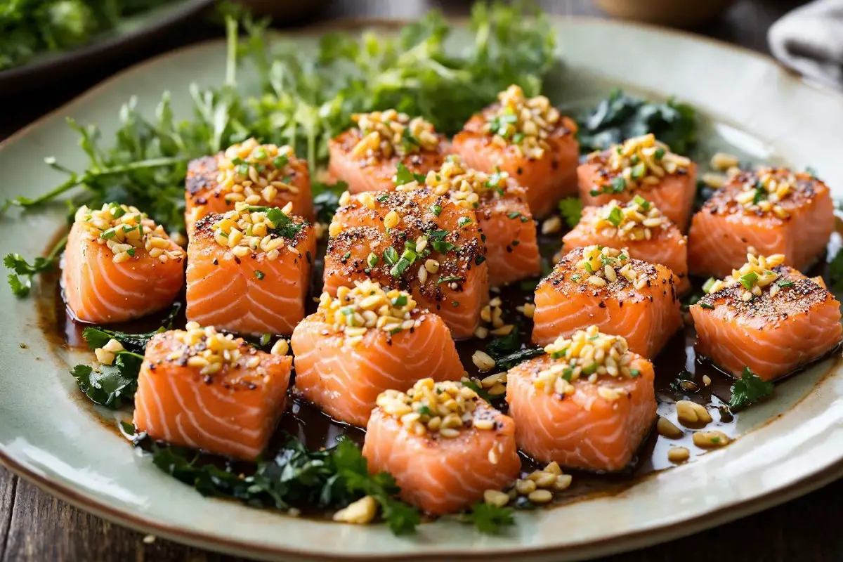 Elegantly plated golden-brown salmon bites with sesame seed garnish and dipping sauce.