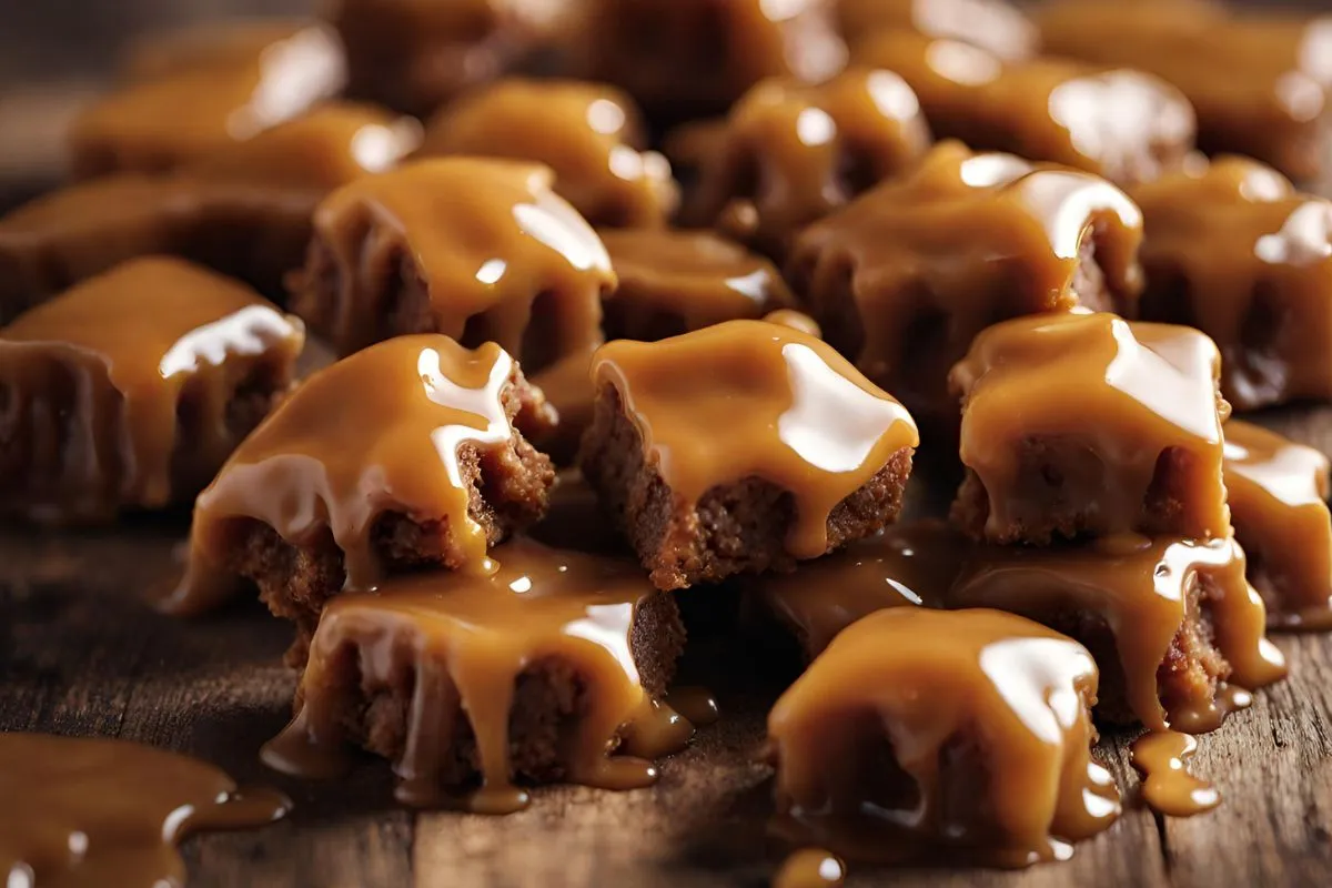 Freshly made salted caramel bites on a wooden table, highlighting their golden caramel glaze.