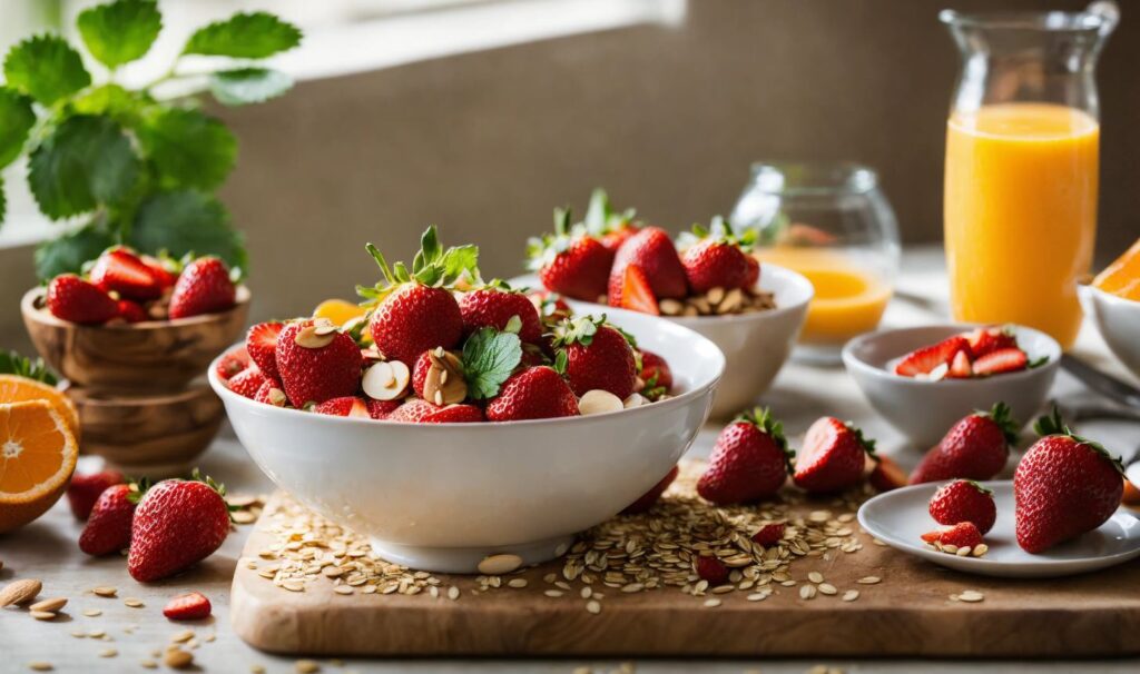 Healthy breakfast setting with fresh Strawberry Pink and other nutritious foods.