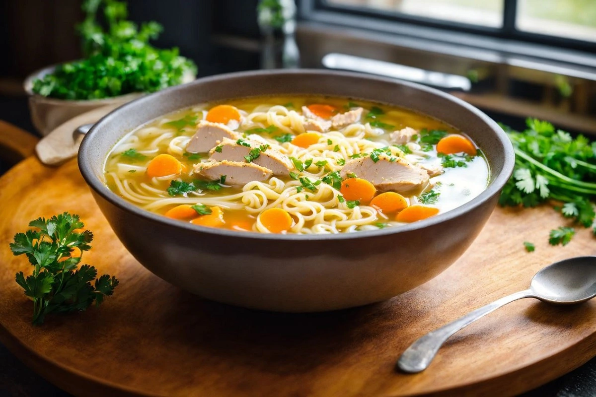 Bowl of Crack Chicken Noodle Soup garnished with herbs on wooden table