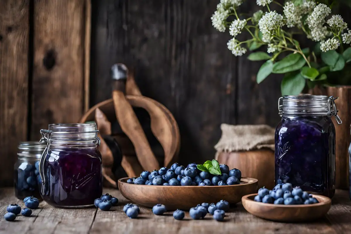 Jar of homemade blueberry moonshine with fresh blueberries and rustic wooden barrels in the background.