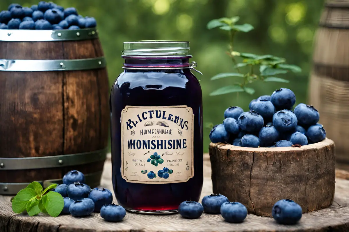 Rustic homemade blueberry moonshine with fresh berries and countryside backdrop