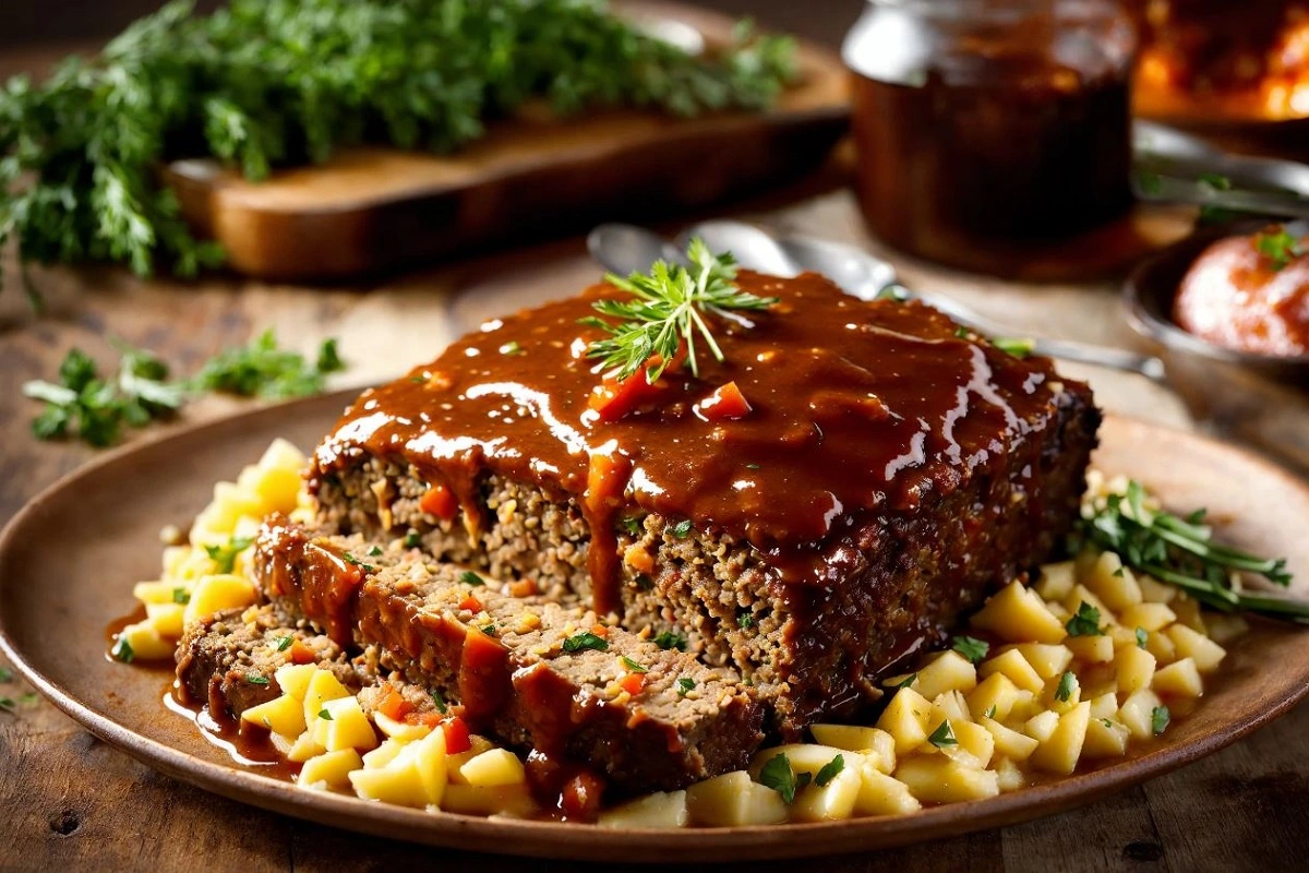 Freshly baked meatloaf with Lipton Onion Soup Mix on a rustic kitchen table surrounded by ingredients