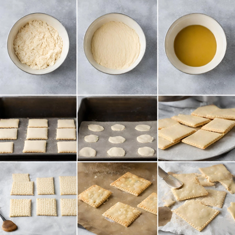 Step-by-step images of homemade saltine cracker preparation.