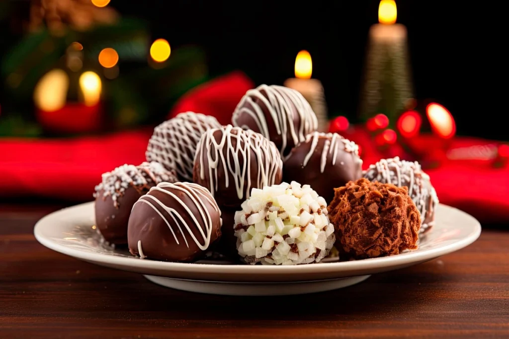 Elegant hot chocolate bombes on a wooden table with one melting in a mug, surrounded by cozy winter decor.