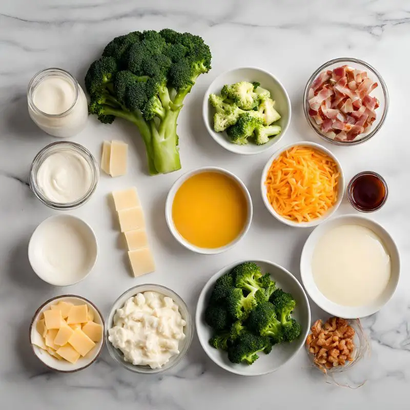 Ingredients for Chicken Salad Chick Broccoli Salad recipe laid out on a counter.