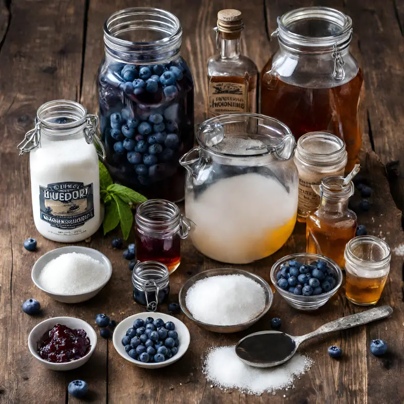 Ingredients for making blueberry moonshine on a wooden table