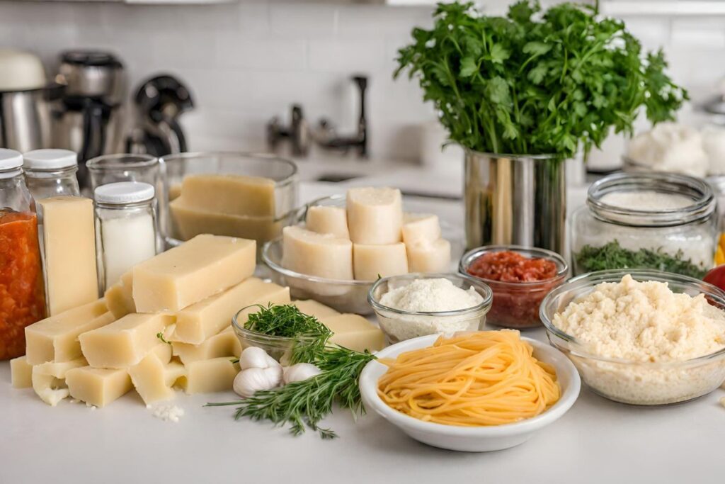 Various manicotti ingredients like cheeses, pasta shells, and herbs on a kitchen counter.