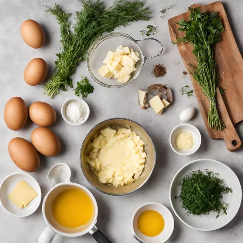 Ingredients for making potato frittata including eggs, potatoes, cheese, and herbs on a kitchen counter.