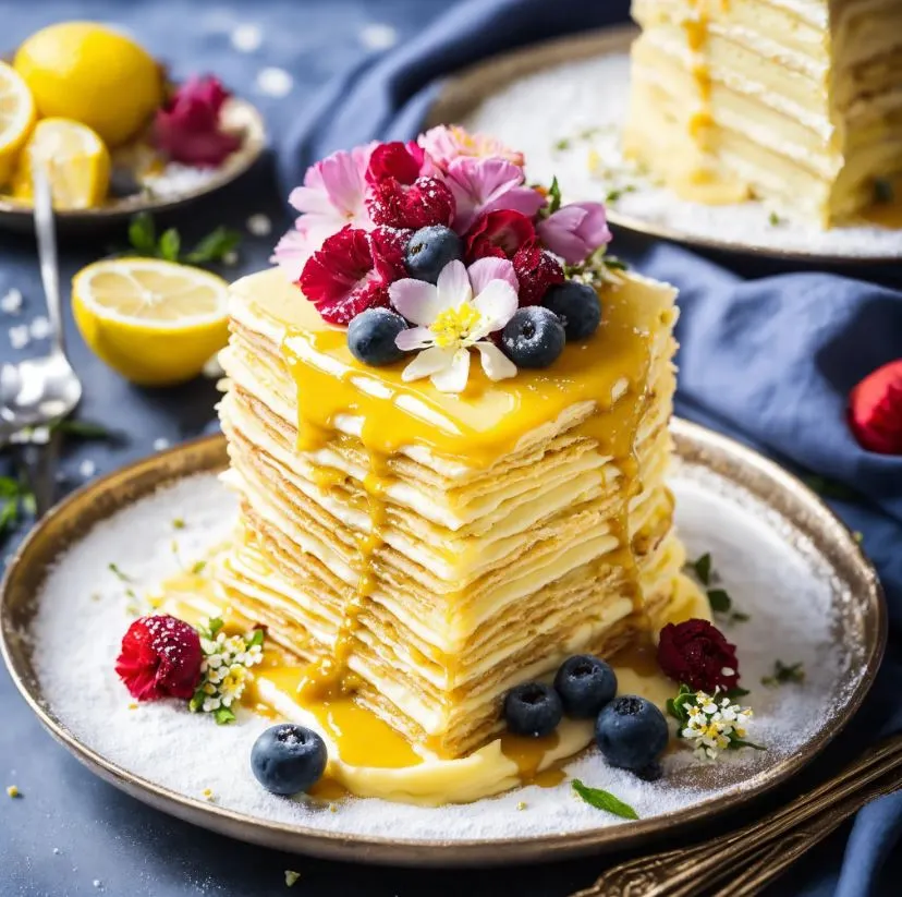 Lemon crepe cake decorated with edible flowers and lemon zest on a serving plate.