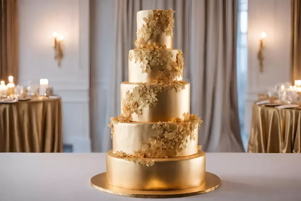 Elegant multi-tiered gold birthday cake with gold leaf detailing.