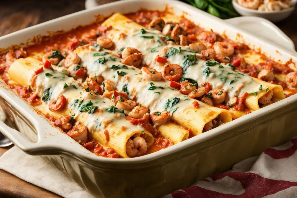 A divided baking dish showing various manicotti fillings.