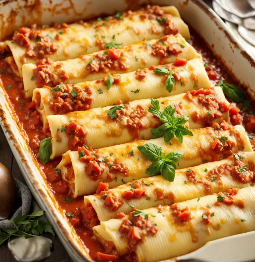 Chef filling manicotti shells with a piping bag, surrounded by cooking tips and garnishing herbs.