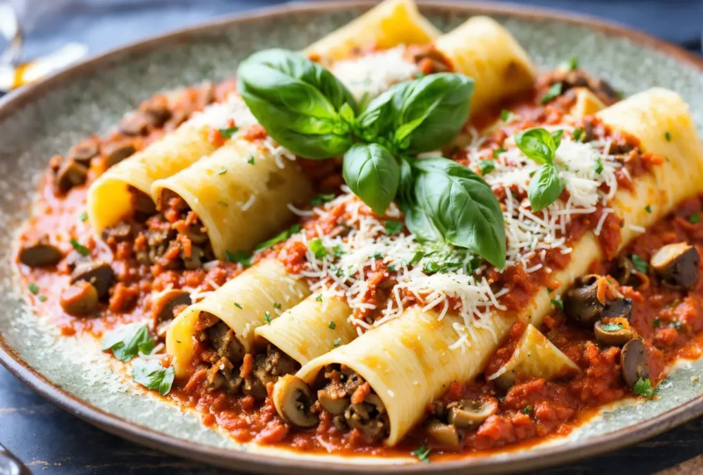 Collage of manicotti being filled with spinach and cottage cheese, mascarpone and pork, and vegan cashew cheese.