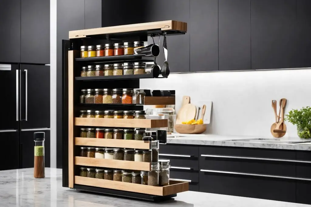 Modern kitchen with a stylish pull down spice rack enhancing organization and accessibility.