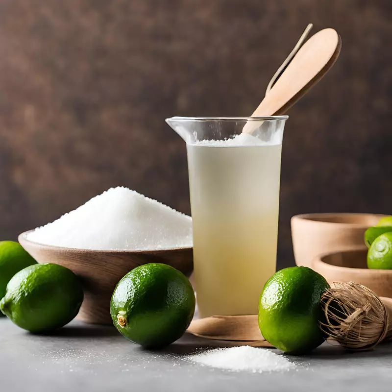 Key natural ingredients for margarita mixers displayed around a bottle.