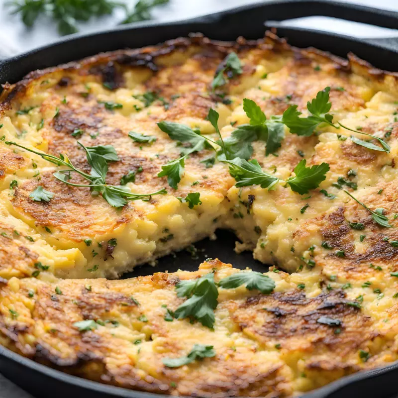 Close-up of a golden-brown and fluffy potato frittata in a cast-iron skillet.