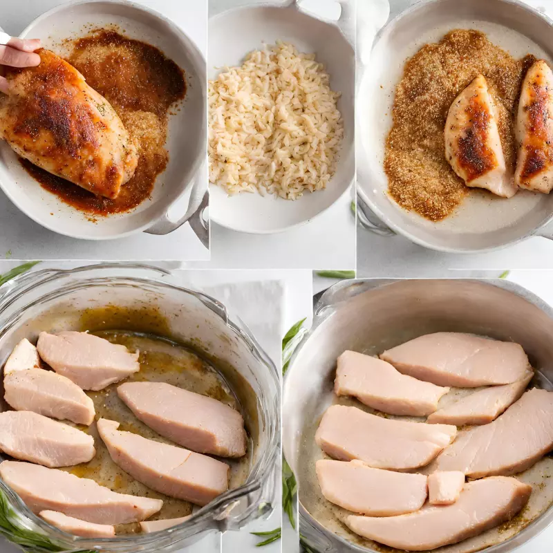 Process of preparing thin sliced chicken breast, including slicing, marinating, and seasoning.